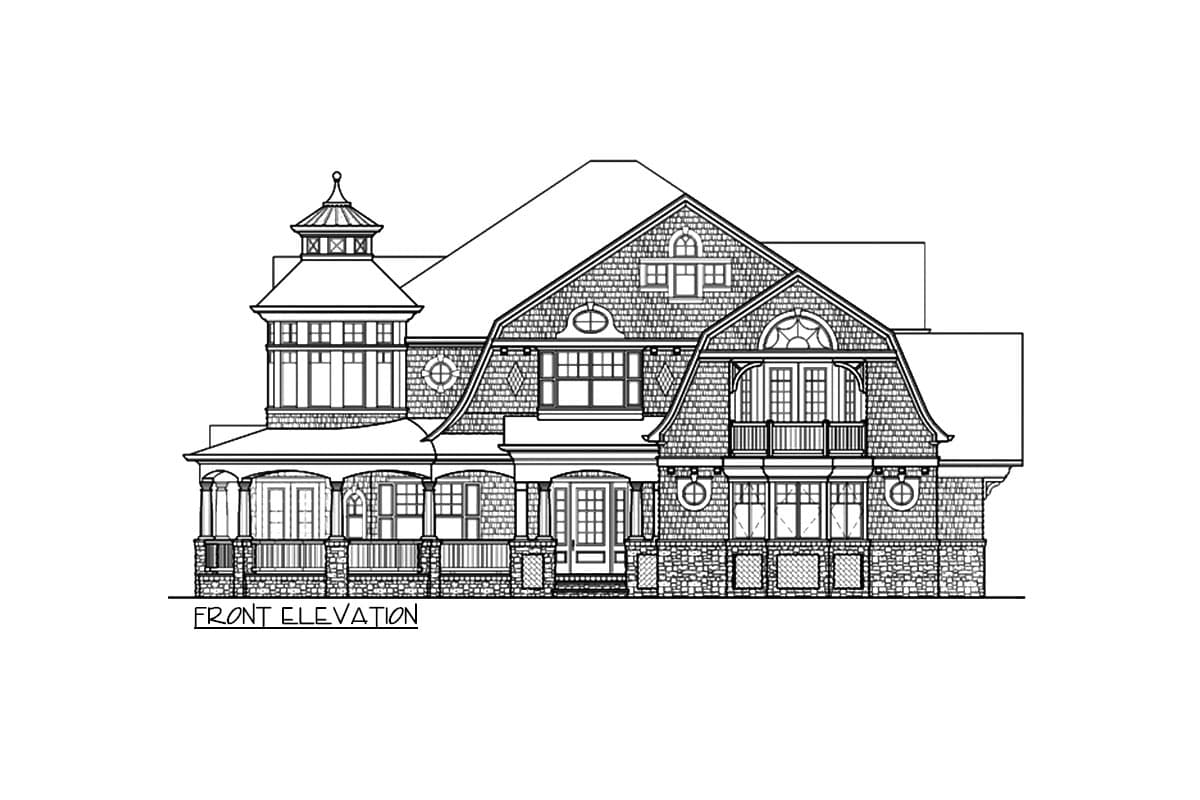 Front elevation drawing of a multi-story house with a turret, gambrel roof, dormers, and a wraparound porch.