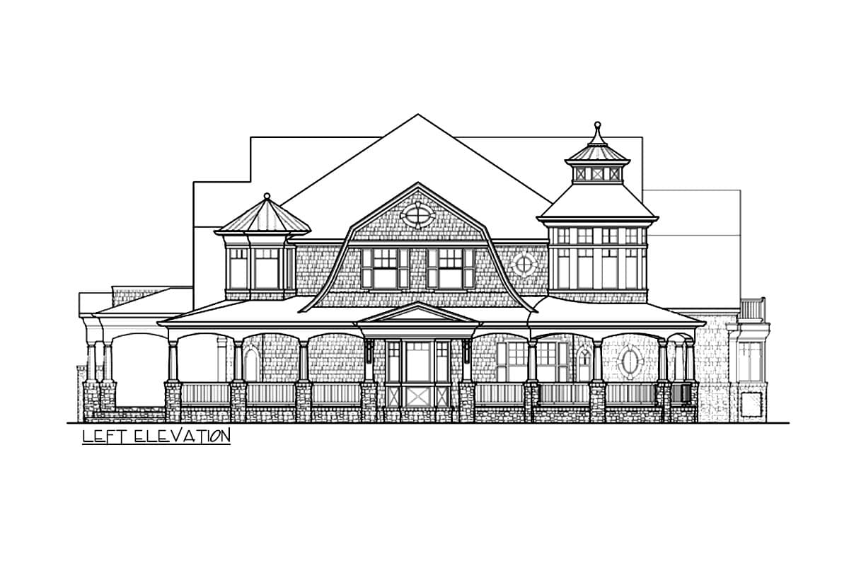 Left elevation house plan with wrap-around porch, prominent dormers, and turret details.