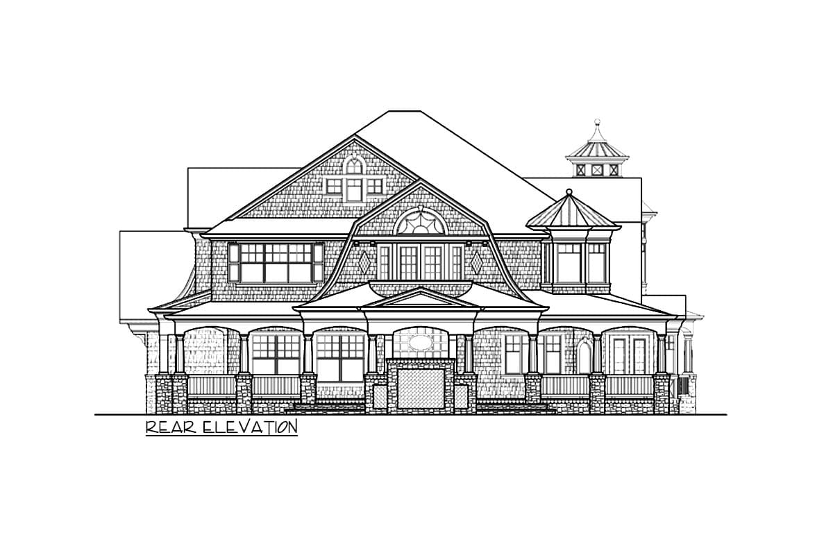 Rear elevation house plan showing a multi-story home with a wraparound porch, dormers, and a turret.