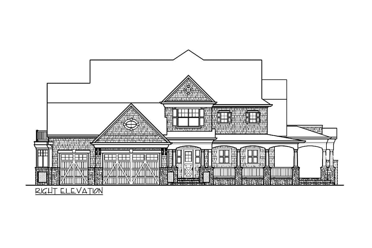 Right elevation of a two-story house plan featuring a wraparound porch, dormers, and a three-car garage.