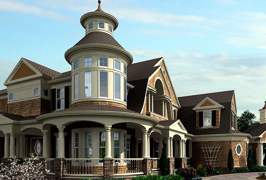 House plan exterior with a prominent round tower, wraparound porch with columns, dormers, and shingle siding.