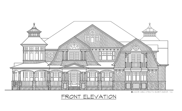 Front elevation drawing of a large house with gambrel roofs, dormers, cupolas, and a wrap-around porch.