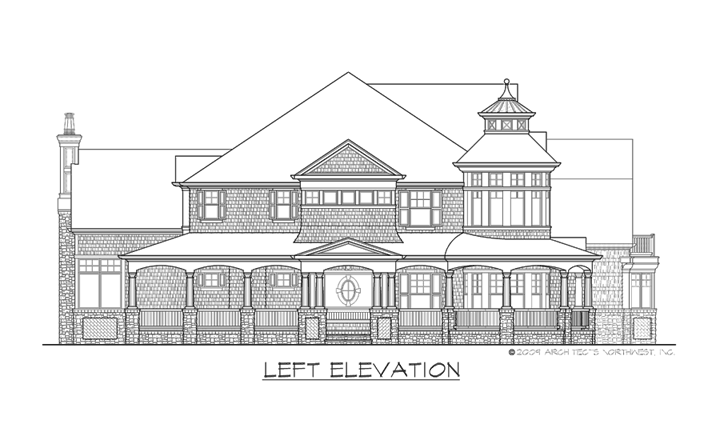 Left elevation house plan: two stories, wrap-around porch, multiple gables, dormers, and a turret.