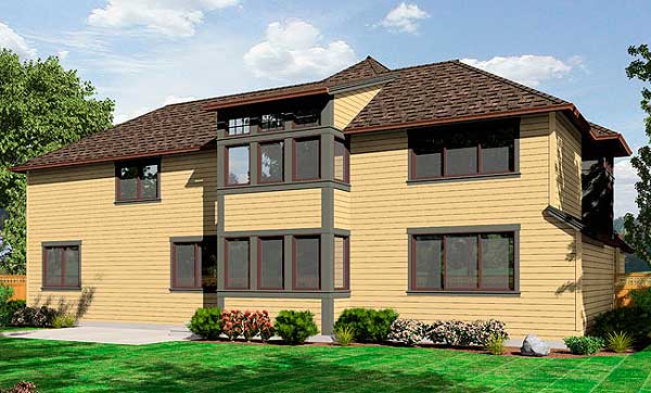 Exterior view of a two-story house plan with horizontal siding, hip roof, and multi-pane windows on the second story.