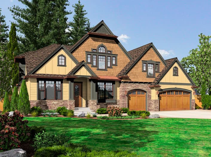 House plan exterior featuring a mix of wood shingles and siding, stone accents, arched garage doors, and multiple gables.