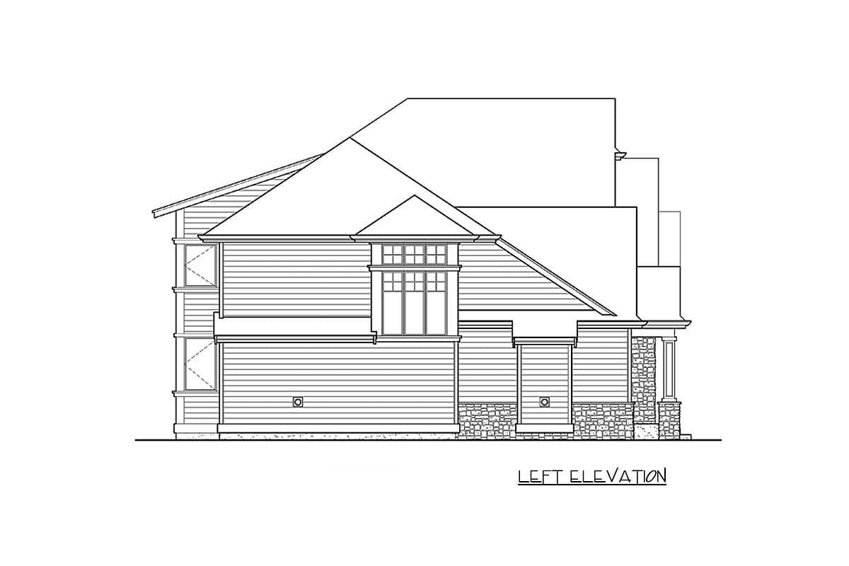 Left elevation drawing of a house plan showing layered rooflines, multi-story siding, a prominent window bay, and stone foundation.