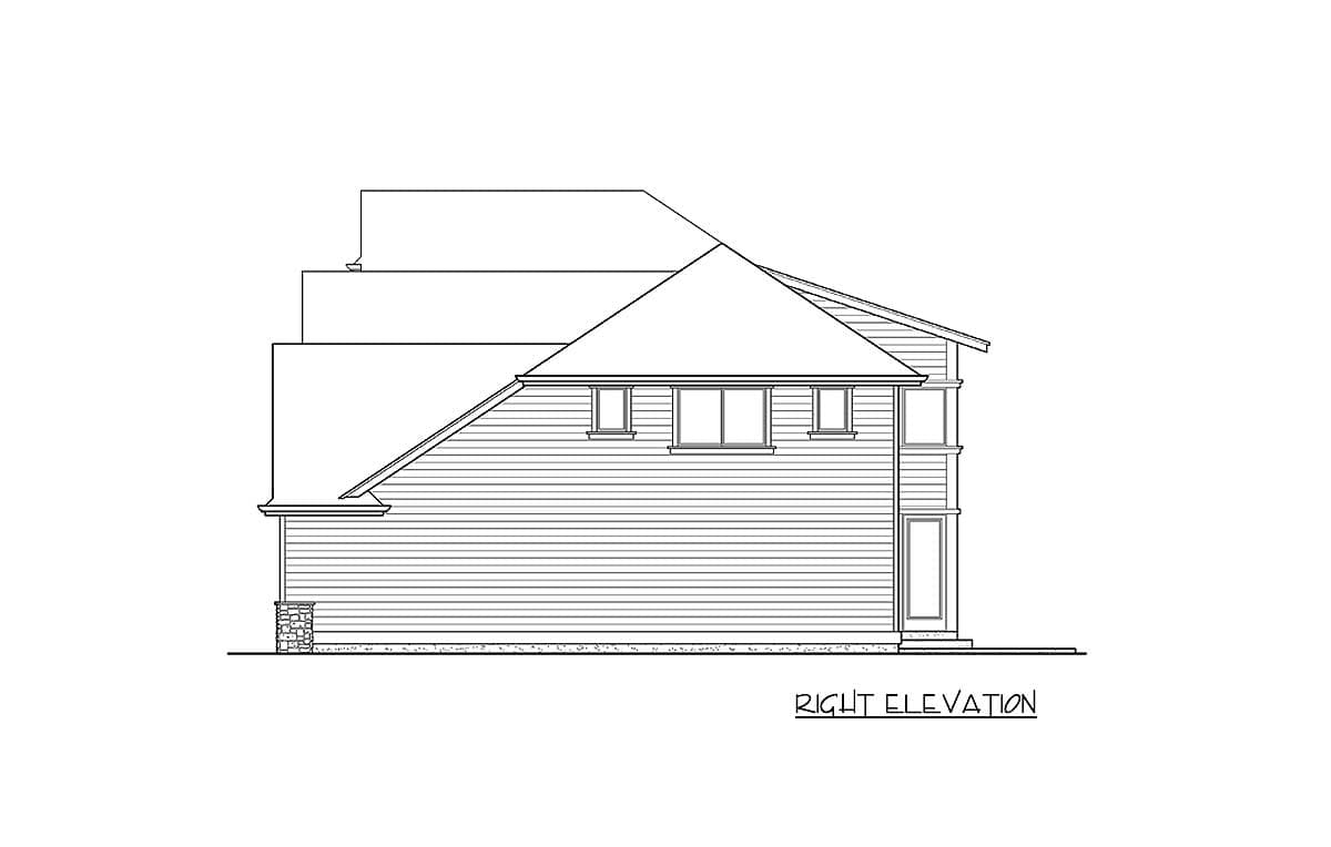 Right elevation drawing of a house plan with horizontal siding, varied rooflines, multiple windows, and a stone foundation detail.