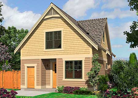 House plan exterior rendering of a two-story Craftsman-style home with shingle siding, gables, and a prominent front-facing dormer.