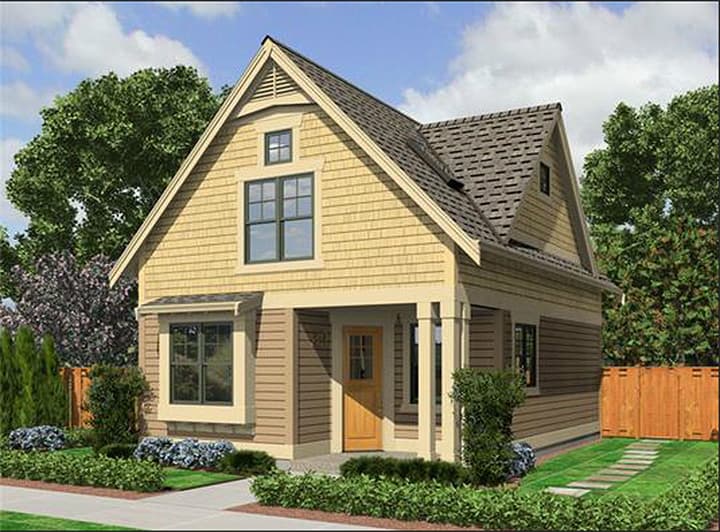 Craftsman house plan exterior, two stories, gable dormer, porch with columns, shingle and lap siding.