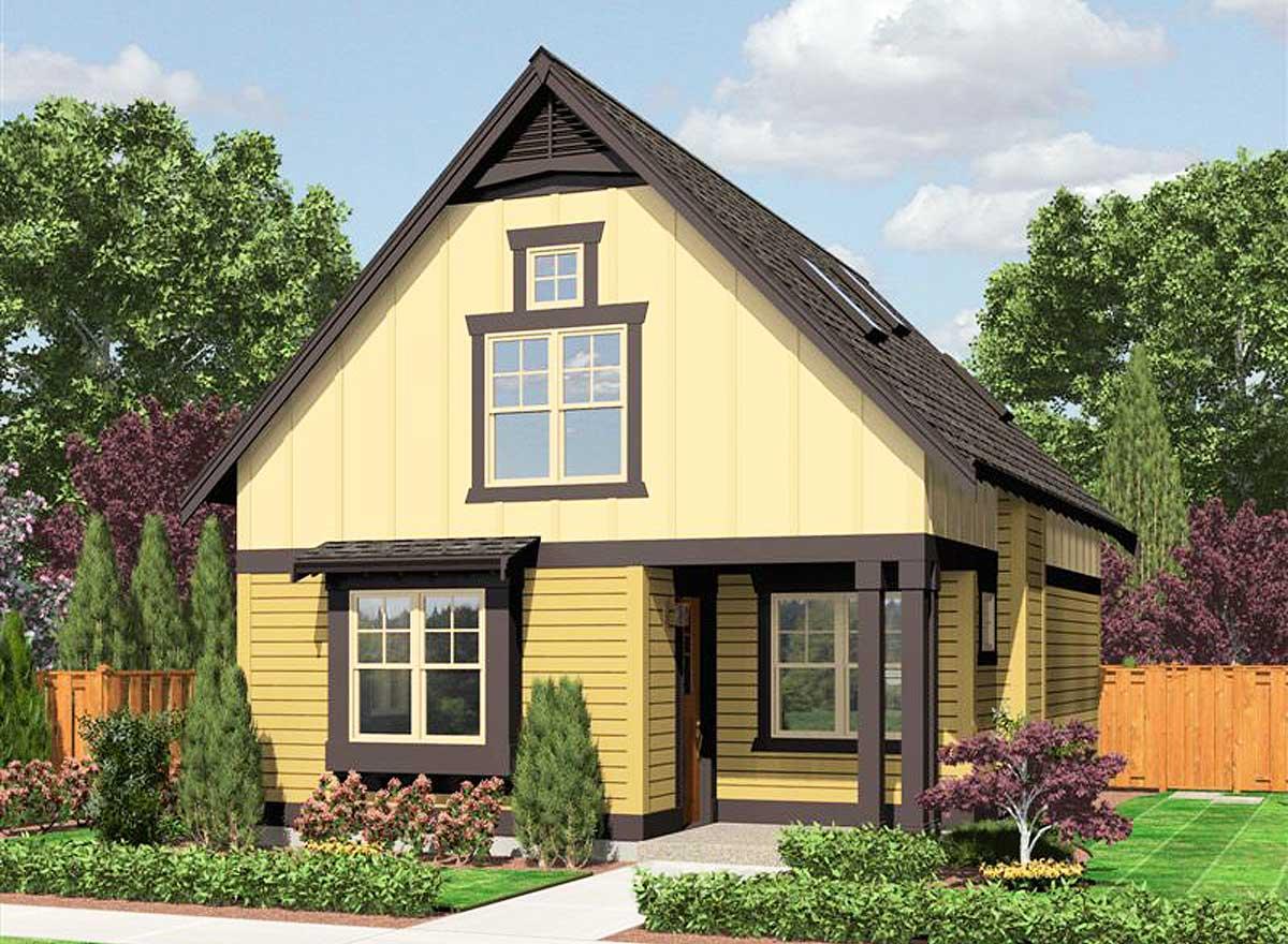 House plan exterior: Two-story home with gabled roof, prominent dormer window, and covered front porch with columns.