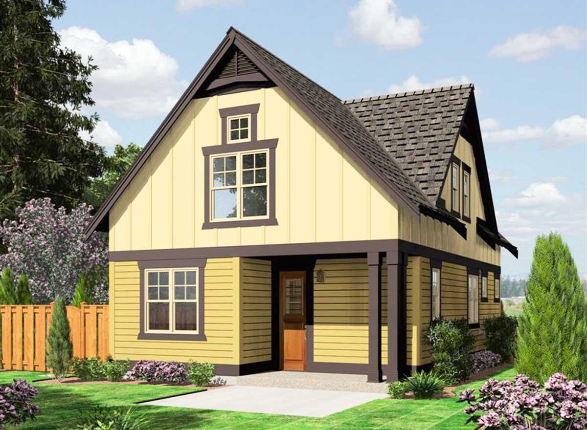 House plan exterior of a two-story home with a prominent gable, wide porch, and lap siding.