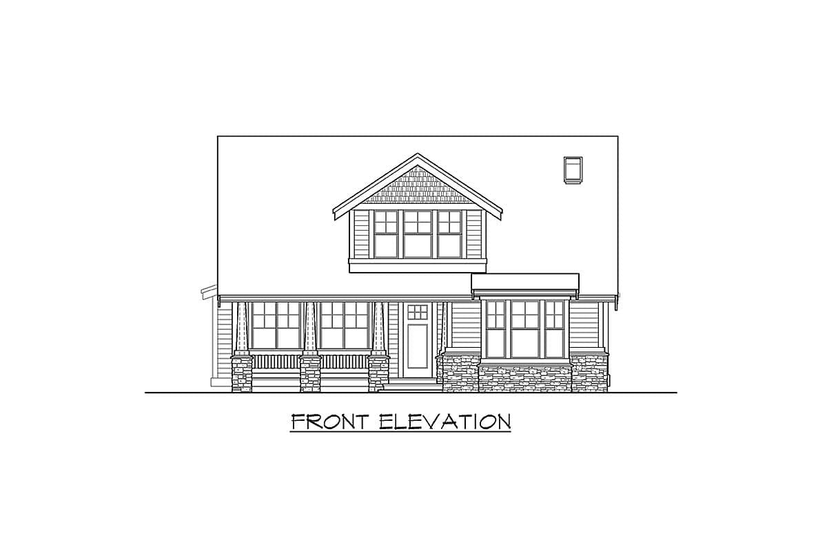 Front elevation drawing of a two-story house plan featuring a wraparound porch, gabled dormer, and stone accents.
