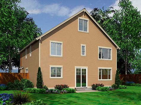 Two-story house plan exterior with tan siding, a prominent gable dormer, and a sliding glass door.