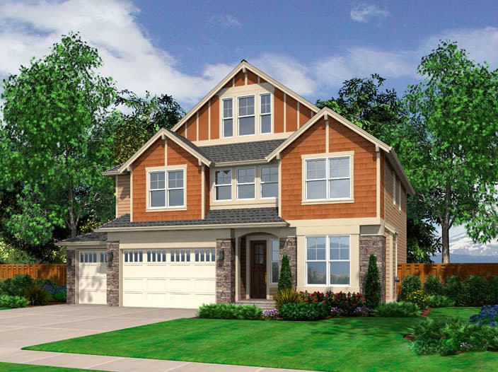House plan exterior of a two-story home with stone accents, dormers, a covered entryway, and a three-car garage.