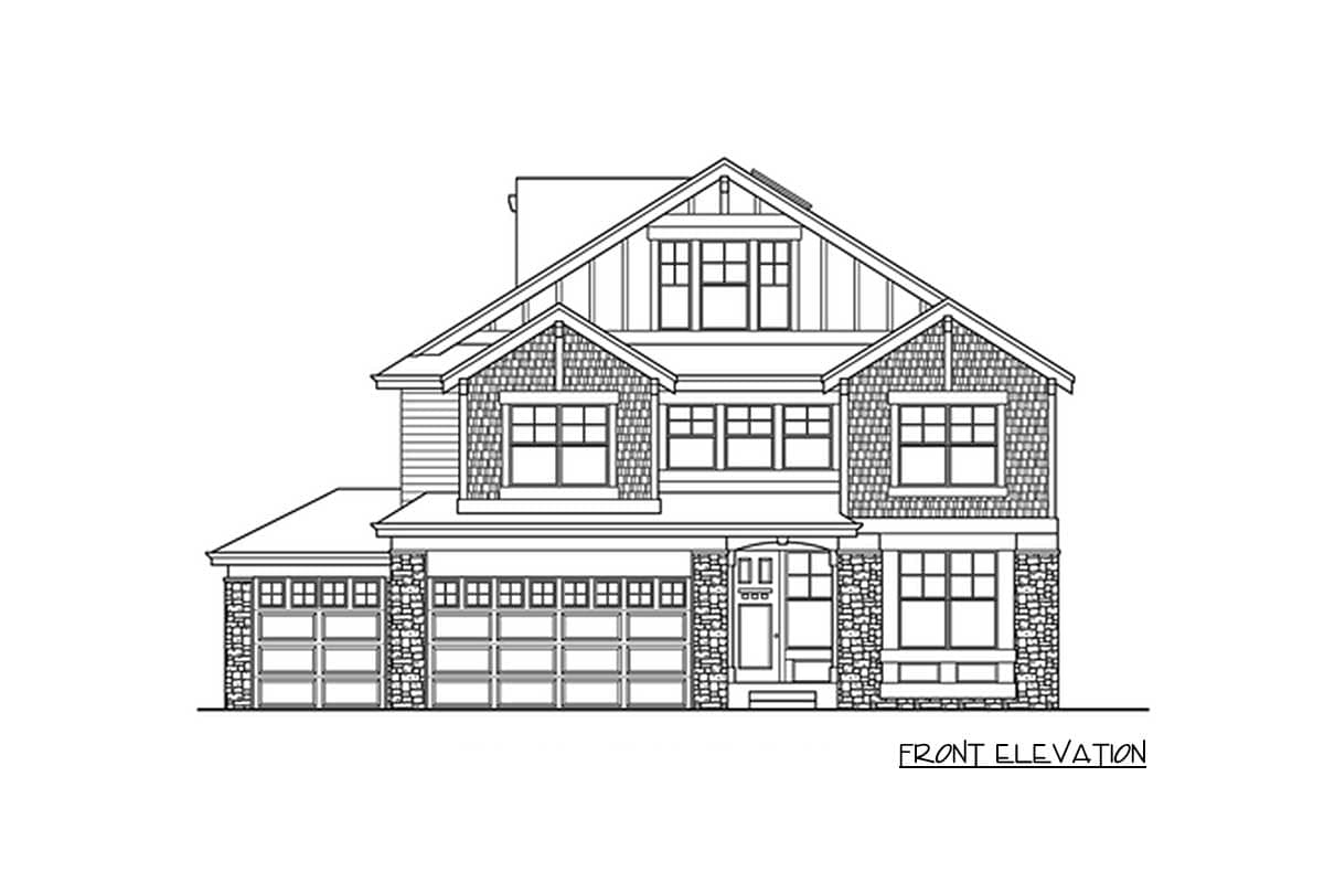 Front elevation house plan with a two-story structure, multiple gables, stone and shingle siding, and a three-car garage.
