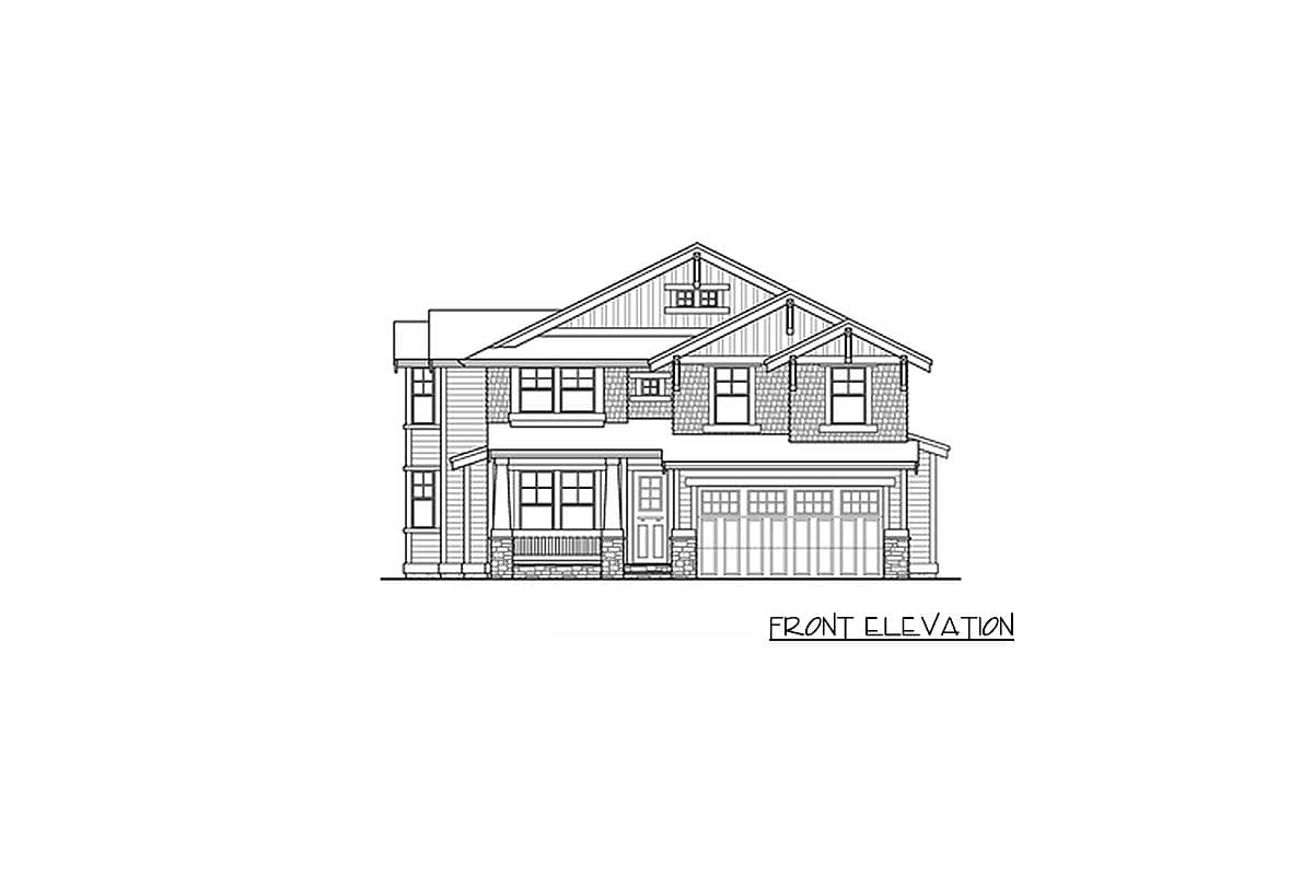 Front elevation drawing of a two-story house with a covered front porch, gables, dormers, and a three-car garage.
