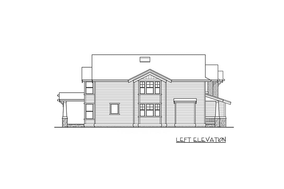 Left elevation drawing of a two-story house plan with a gable roof, dormer window, and stone-clad porch columns.