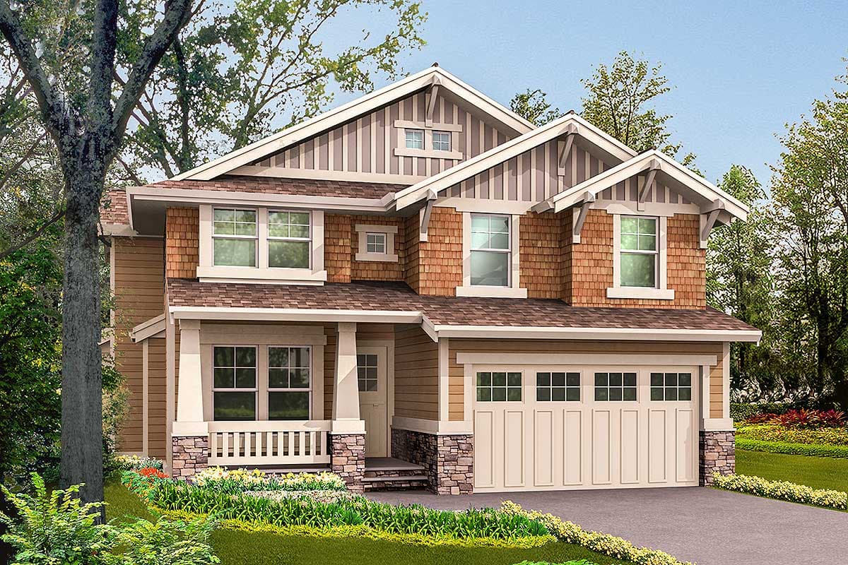 House plan exterior: two-story Modern Farmhouse with prominent gables, stone base, covered porch, and attached two-car garage.