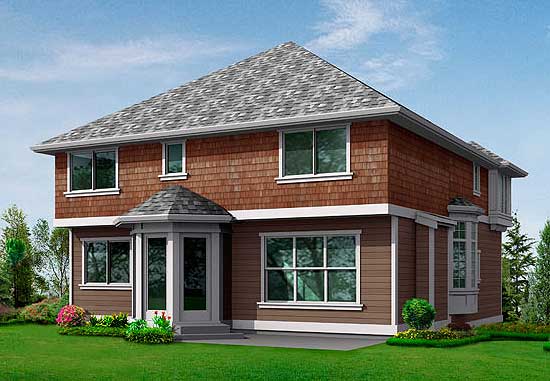 Two-story house plan exterior with shingle siding, gabled roof, bay window, and covered entry.