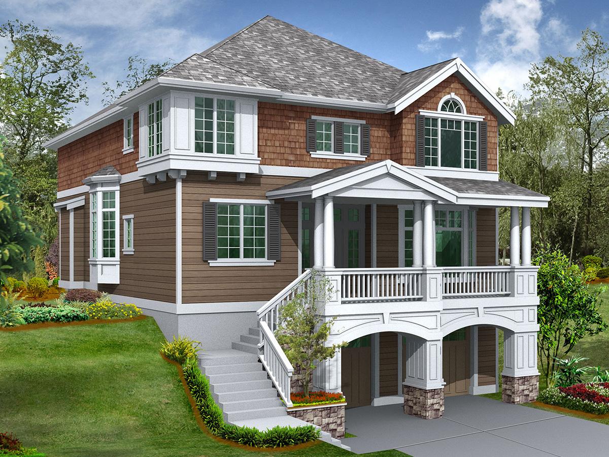 House plan exterior: two-story home with a covered front porch, double garage, bay windows, and shake and lap siding.