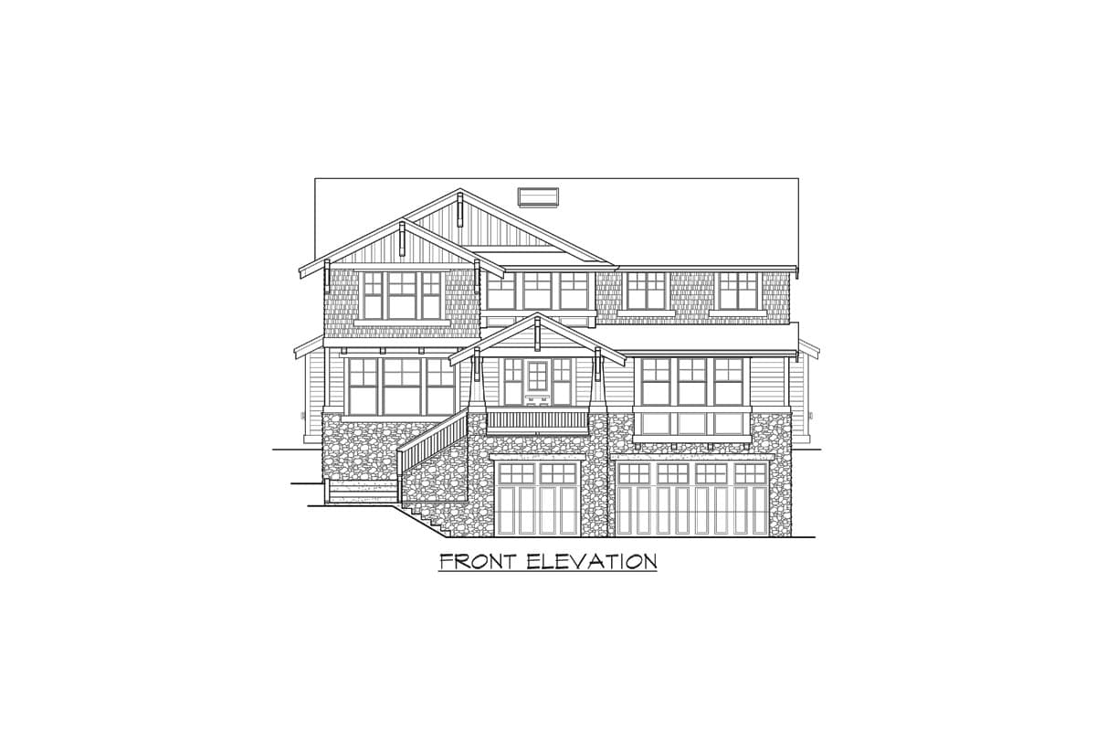 Front elevation of a multi-story house plan with gables, dormers, stone foundation, covered balcony, and a three-car garage.