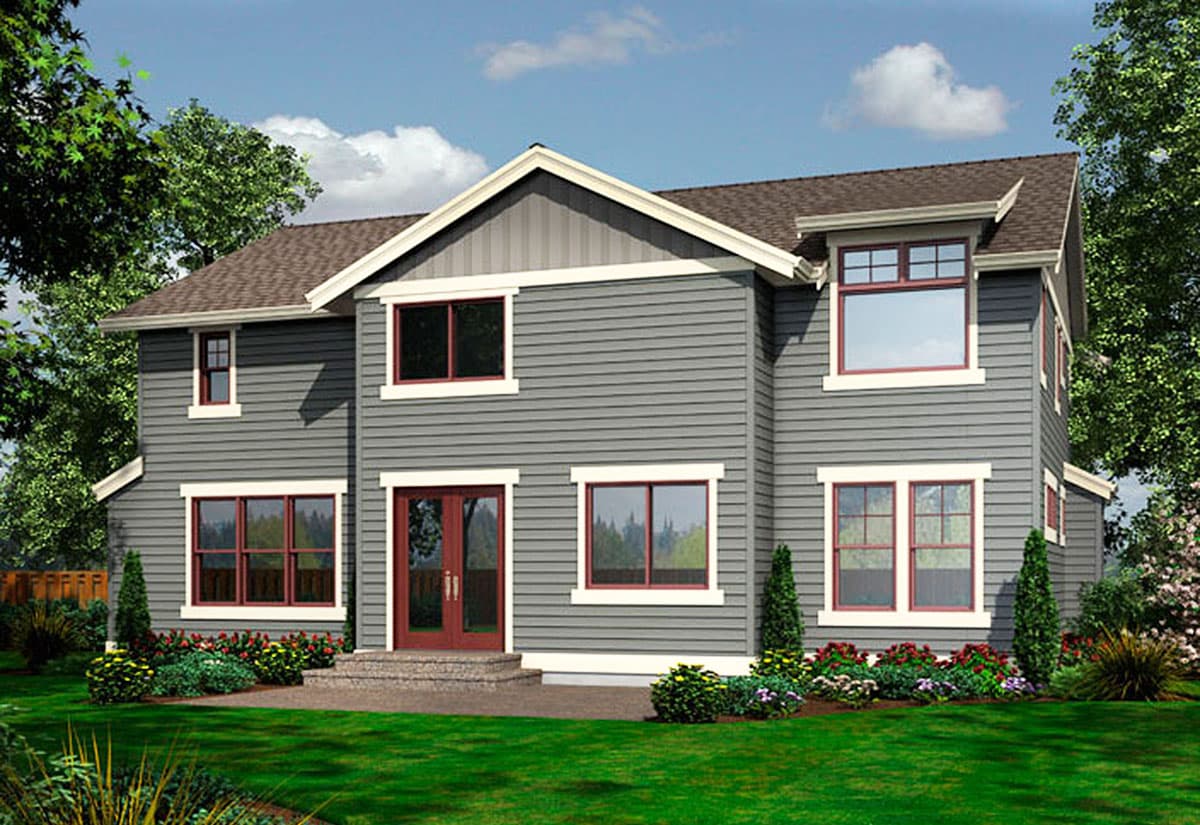 House plan exterior, two stories, with gray horizontal siding, prominent gables, and dark red-trimmed windows.