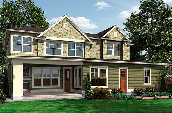 House plan exterior: Two-story Modern Farmhouse with prominent gables, shingle siding, and covered front porch.
