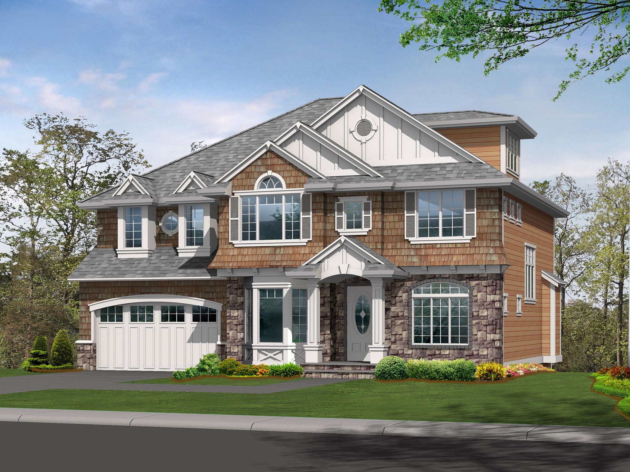 House plan exterior: Two-story home with stone and shingle siding, gables, dormers, and a side-entry garage.