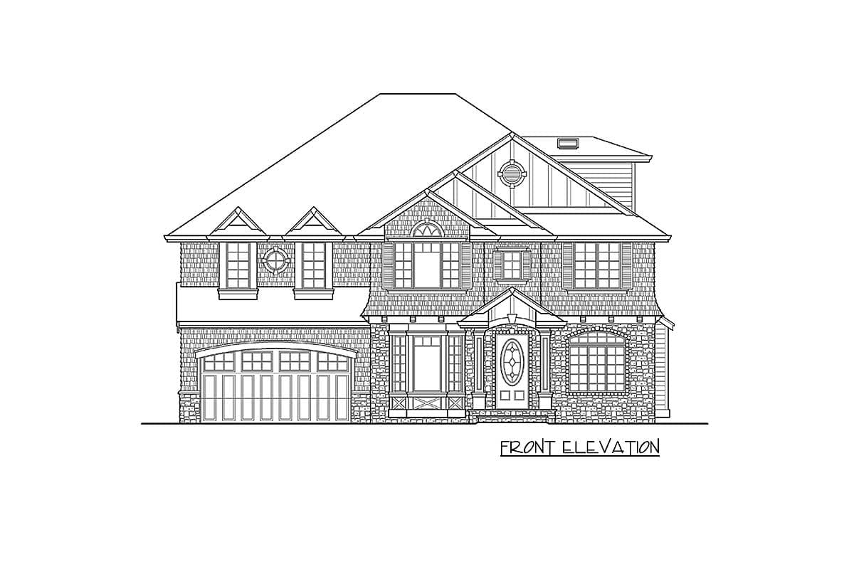 Front elevation drawing of a two-story house plan featuring a multi-gabled roof, stone accents, and an attached garage.