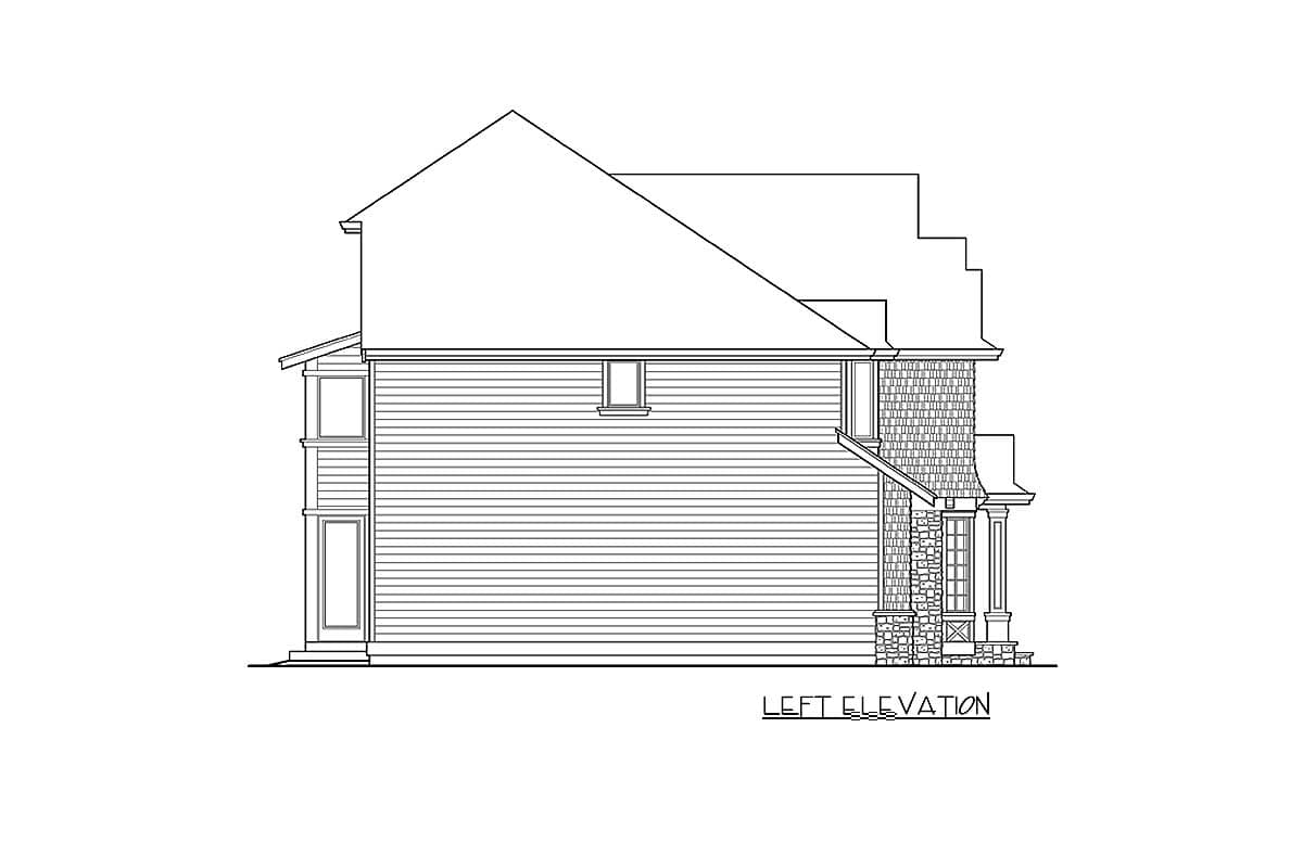 Left elevation house plan with horizontal siding, stone accents, dormer, and a multi-level roofline.