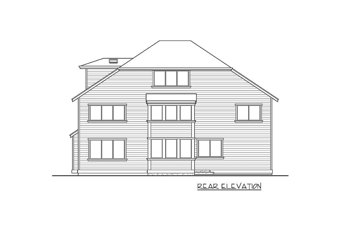 Rear elevation drawing of a two-story house plan with multiple windows and a central dormer.
