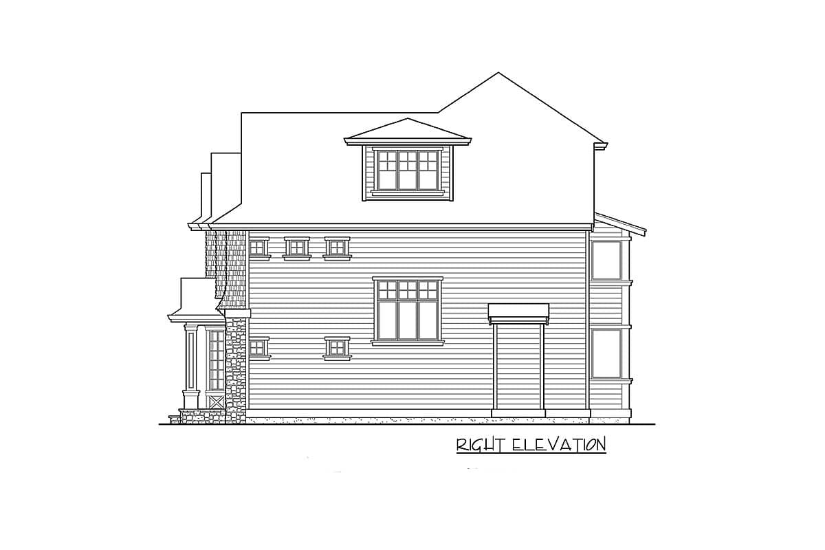 Right elevation house plan shows a multi-story building with horizontal siding, stone accents, dormer window, and a covered entrance.
