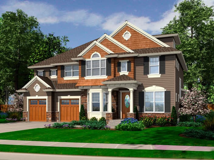 Two-story house plan exterior with attached two-car garage, covered entry porch, multiple gables, and stone accents.