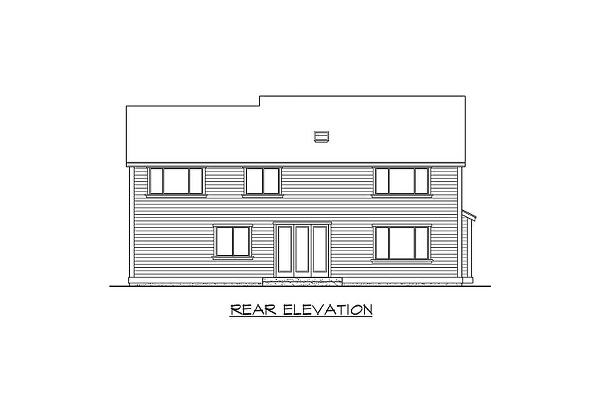 Rear elevation drawing of a two-story house with a hip roof and horizontal siding, featuring double doors and multiple windows.