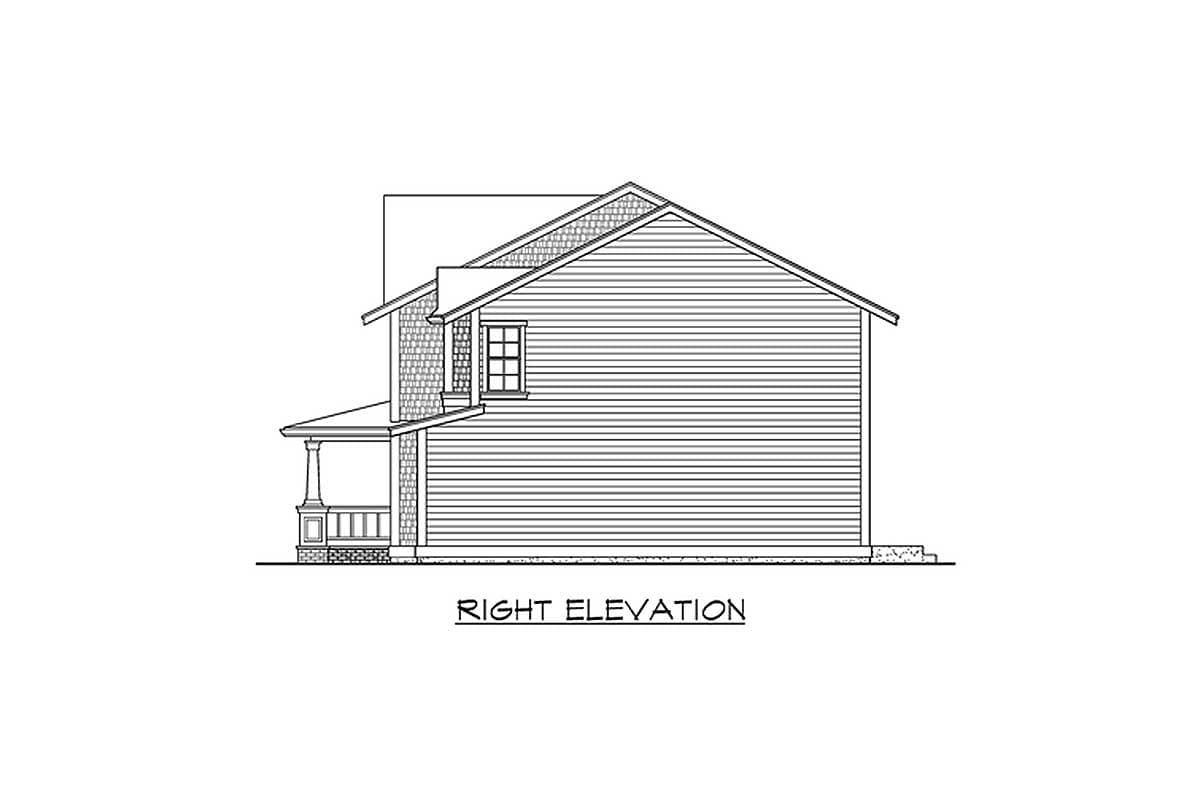 Right elevation drawing of a two-story house plan featuring a front porch and horizontal siding.