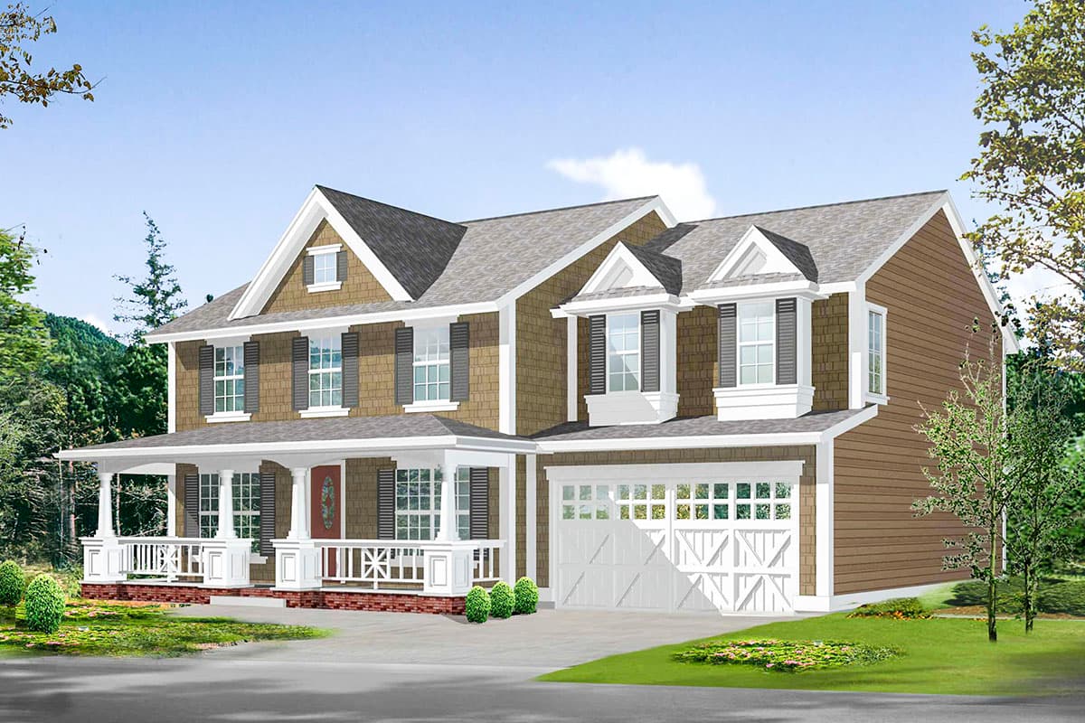 Two-story house plan exterior with wrap-around porch, bay windows, and a two-car garage.