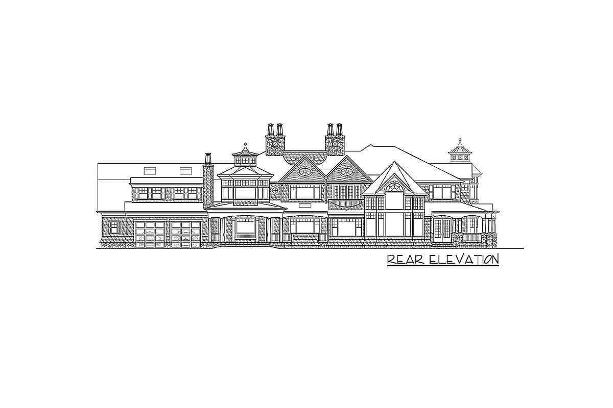 Rear elevation drawing of a multi-story house with multiple gables, dormers, chimneys, and a central porte-cochère.
