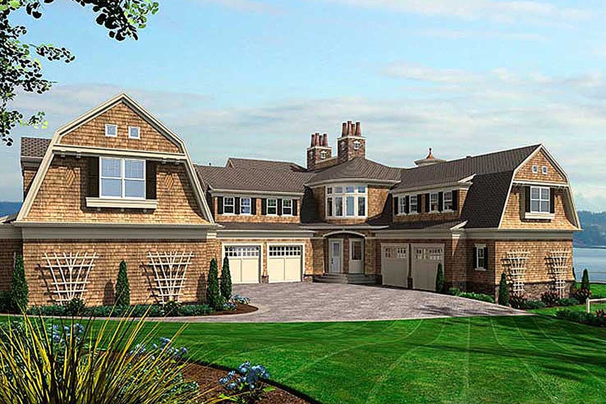 House plan exterior shows a multi-story home with gambrel roofs, brick and shingle siding, and a three-car garage.