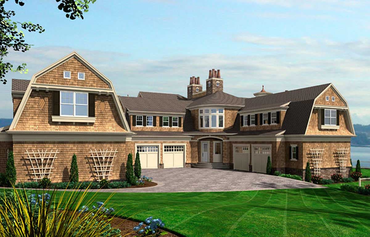 House plan exterior with gambrel roofs, dormers, brick and shingle siding, and a four-car garage.