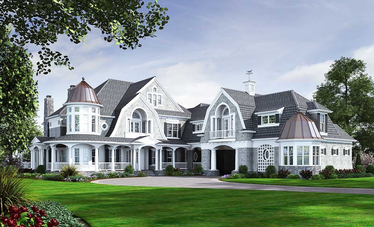 House plan exterior, two stories, with gambrel roofs, wraparound porch, copper turret, and arched dormers.