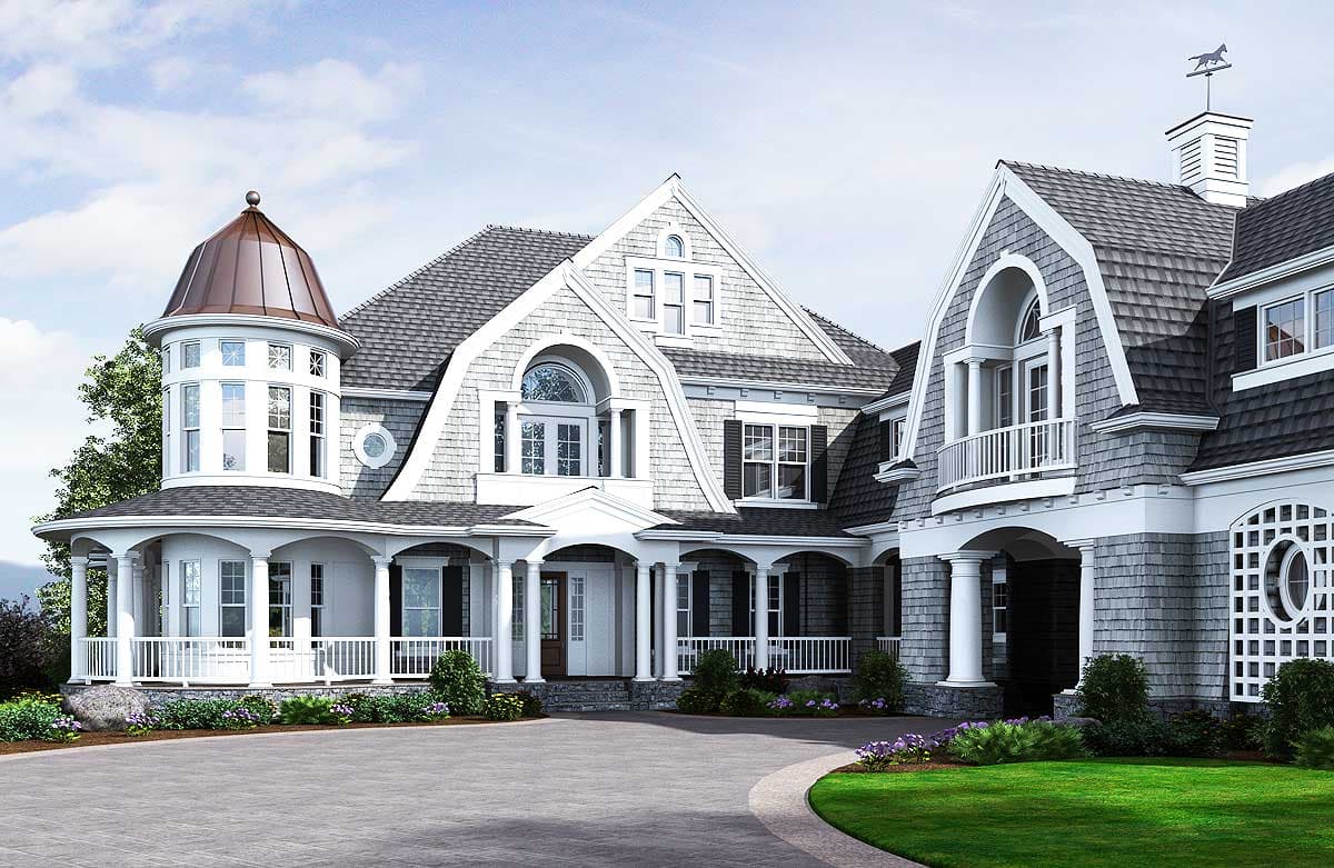 House plan exterior with turret, wraparound porch, multiple gables, arched dormers, and shingle siding.