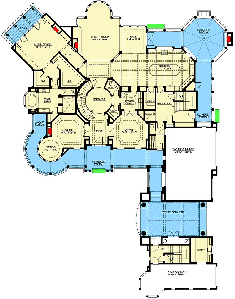 Plan 23414JD: Master Down Newport Masterpiece - Floor Plan - Main Level - Cape Cod, Coastal, Shingle, Traditional