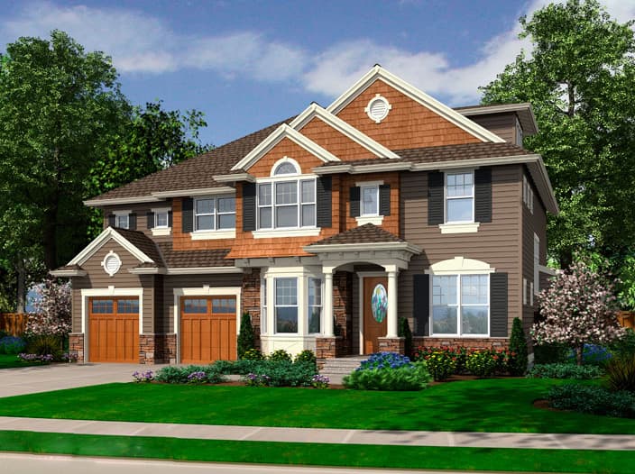 House plan exterior: Two-story home with gabled dormers, arched window, covered porch, and a side-entry two-car garage.