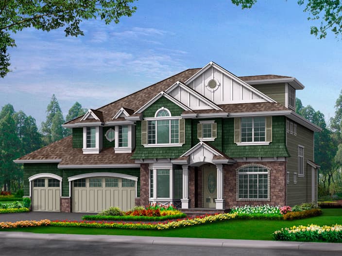 House plan exterior: Two-story home with a gabled roof, dormers, stone accents, a covered entry, and a three-car garage.