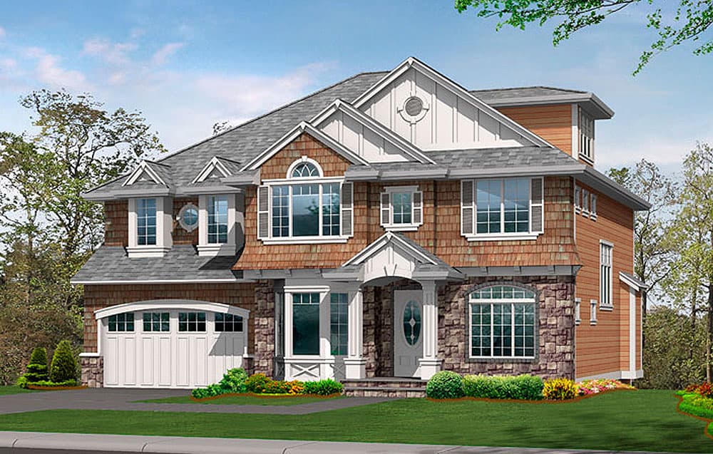 House plan exterior: Two-story home with stone and shake siding, gables, dormers, arched windows, and an attached garage.