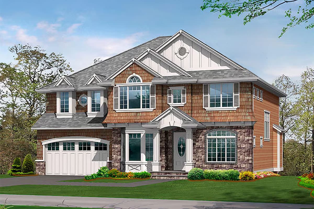 House plan exterior: Two-story home with stone and shingle siding, prominent gables, and an arched garage door.