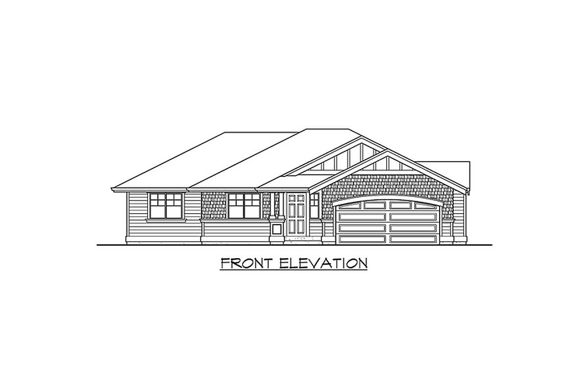 Front elevation drawing of a single-story house plan with a gabled entryway, wide front windows, and an attached garage.