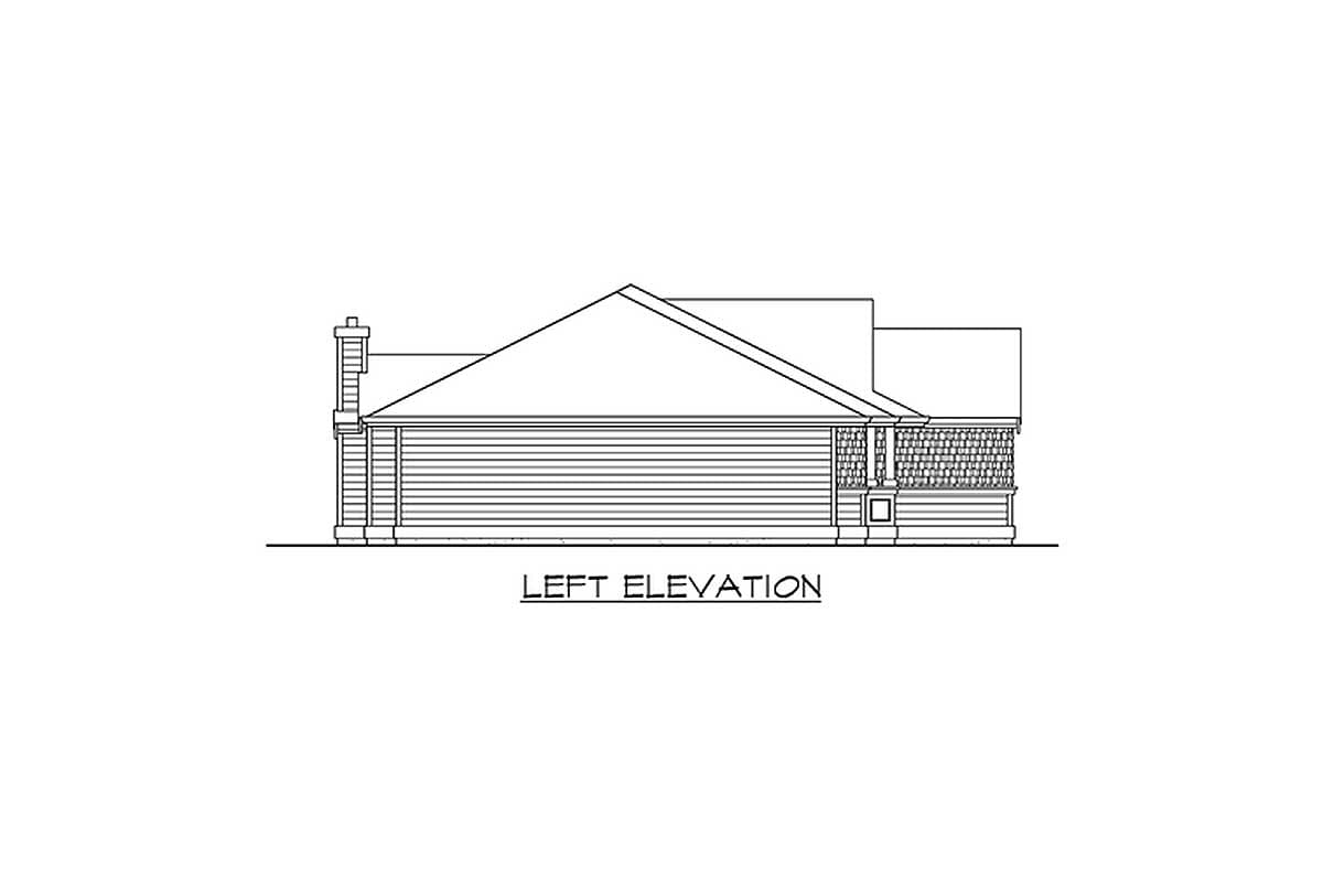 Left elevation house plan showing horizontal siding, gabled roof, dormer, and chimney.