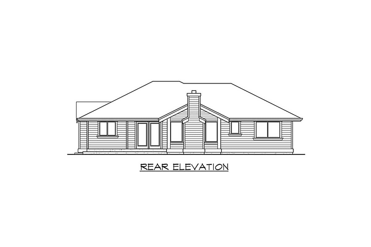 Rear elevation drawing of a single-story house plan with horizontal siding, a prominent chimney, and multiple windows.