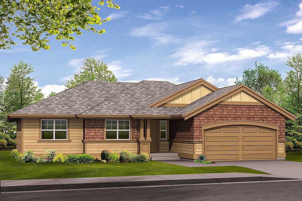 House plan exterior. Ranch style with a gabled roof, covered porch, and a shingle-clad gable over the garage.